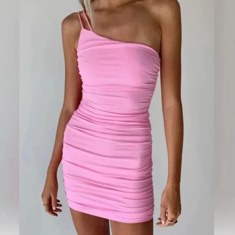 Princess Polly Reece One Shoulder Ribbed Ruched Mini Dress Bubblegum  Pink Sz 6